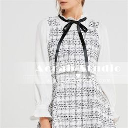 Women Summer Dresses Elegant Ladies Party Chic Bow Tie Neck Sleeveless Cute Frayed Trim Tweed Mini Vestidos 210603