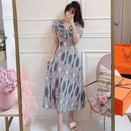 Long maxi Dresses for women Ruffle Short Sleeve V neck Chiffon elegant print sundress Sexy ladies Loose causal A line 210602