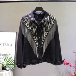 European Luxury Tassel Rivets Denim Jacket for Women Autumn Coat Women's Retro BF Jeans Jackets A3720 210428