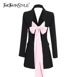 TWOTWINSTYLE Backless Hit Color Bowknot Lace-up Women's Blazer Notched Long Sleeves Slim Fit Coats Female Autumn Fashion 211122