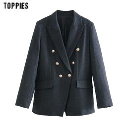Woman Blazer Double Breasted Suit Jacket Office Ladies Formal Solid Colour Notched Collar 210421