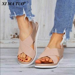Summer Comfy Slip On Women Sandals Elastic Textile Splicing Sandals Casual Beach Shoes For Woman Classics Non-slip Lightweight Y0721
