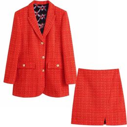 Aonibeier Za Woman Casual Traf Outfits Autumn Tweed Woollen Red Plaid Blazers + Mini Skirt Suits 2 Piece Sets Thick Jacket 211106