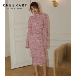 Pink Floral Flare Sleeve Bodycon Long Dress Women Pleat Turtleneck Asymmetrical Cut Out Korean Fashion Clothing 210427