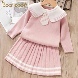 Girl Clothing Set Spring Winter Kids Clothes Suit Long Sleeve Tie Collar Cute Children Knitwear Outfit 2Pcs 210429
