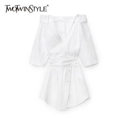 Casual White Mini Dress For Women V Neck Half Sleeve High Waist Irregular Shirt Dresses Female Fashion Clothes 210520