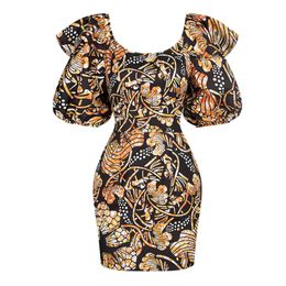 Floral Print Woman Dress African Dashiki Casual Butterfly Lantern Sleeve Women Dresses Bohemian Vintage High Waist Sexy Skirt 210524