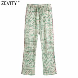 Zevity Women Vintage Geometric Print Flare Pants Pantalones Mujer Female Chic Elastic Waist Lace Up Casual Long Trousers P1166 210915