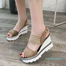 New Women Sandals Shoes Summer Wedges High Heels Fashion Ladies Peep Toe Buckle Strap Stretch Fabric Ankle Strap Female Shoes X220236