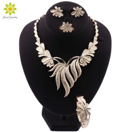 Nigerian Wedding Bridal Jewelry Luxury Dubai Gold color Jewelry Sets for Women Flowers Necklace African Beads Jewelry Set H1022