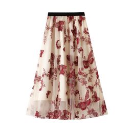 Women Long Tulle Skirt Casual Floral High Elastic Waist Pleated Embroidery 3D Butterfly Midi Swing Skirts