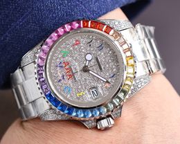 Luxurious Automatic Mechanical Mens Watches Stainless Steel Arab Numbers Watch Full Diamond Dial Rainbow Bezel Wristwatches Men AAA+
