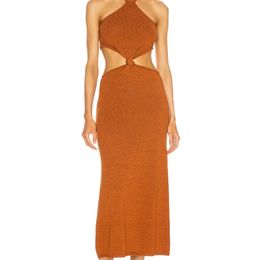 Summer Women Sexy Halter Mid-calf Nude Brown Bandage Dress Elegant Prom Celebrity Bodycon Party Vestido 210527