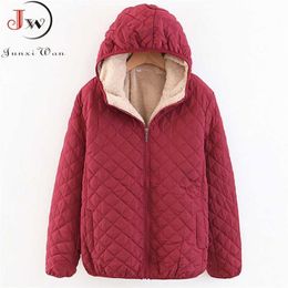 Women Autumn Winter Parkas Coat Jackets Female Lamb Hooded Plaid Long Sleeve Warm Jacket Plus Size S~3XL casaco feminino 220105