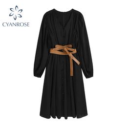 Long Sleeve Elegant French Dress Women High Waist Belt Slim Party Black Dresses V Neck Audrey Hepburn Casual Holiday Ins Frocks 210417