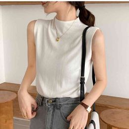 Lucyever Fashion Slim Fit Knitted Vest Tops Women Summer Casual Sleeveless Turtleneck Tanks Woman Korean White Office T-shirt 210521