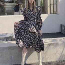 Floral Printed Vintage Women Long Dress Spring Autumn Full Sleeve V-neck Splitting Dresses Elegant Korean Fashion Vestidos 210513