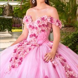 Handmade Flower Pink Quinceanera Dresses Off The Shoulder Sweet 15 Gowns Glitter Princess Girls Party Dress