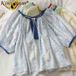 Kimutomo Vintage Stitching Print Blouse Bow Lace Up Women Summer Bubble Sleeves O Neck Shirt Female Color Contrast Casual Tops 210521