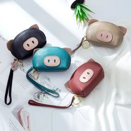 High Quality Real Cowhide Coin Purse Women Mini Hand Bag Genuine Leather Wallet Key Case Cartoon Cute Pig Female Credit Card Bag