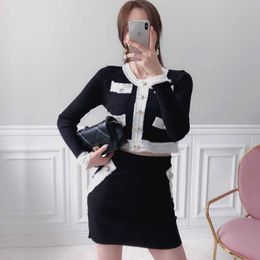 Korean Women Hit Color Button Knitted Striped Sweater Tops + Short Skirt Suits Clothing Elegant Two piece Sets 210529