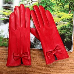 Latest 2021 Lambskin Butterfly Knot Real Leather Gloves Female Winter Plus Velvet Thicken Red Woman's Sheepskin L61221