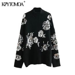 Women Fashion Beading Sequins Loose Knitted Sweaters High Collar Long Sleeve Female Pullovers Chic Tops 210420