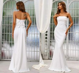 New Strapless Mermaid Wedding Dress 2022 Simple Soft Satin Summer Backless Bridal Party Gowns Bow Back robe de mariage vestidos