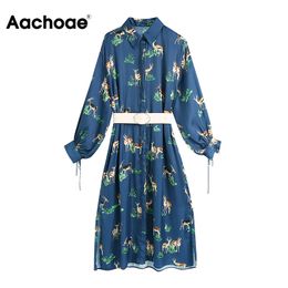 Fashion Women Animal Print Batwing Long Sleeve Elegant Midi With Belt Side Split Vintage Shirt Dress Vestido 210413