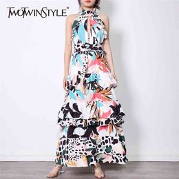 Hit Colour Print Hollow Out Dress For Women Stand Collar Sleeveless High Waist Sexy Midi Dresses Female Fashion 210520