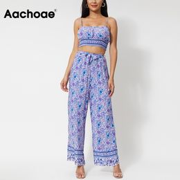 Summer Floral Print Two Piece Set Women Sexy Sling Beach Crop Tops Loose Straight Long Pants Lady Sets Ensemble Femme 210413