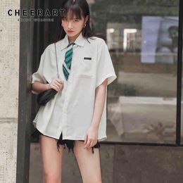 White Summer Short Sleeve Shirt Women Button Up Collared With Necktie Preppy Style Korean Blouse Clothes 210427