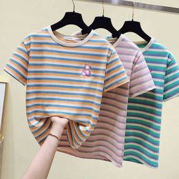 T Shirt Women Summer Tees Top Diamond Shirts Casual Short sleeve Tshirt Pink Striped T-Shirt Tops Tee Shirt Femme Vintage 210604