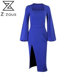 Women Dress Square Collar Lantern Sleeve Split Vintage Dresses Blue White Long Sexy Asymmetry 210513