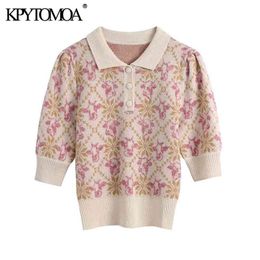 KPYTOMOA Women Fashion Animal Jacquard Knitted Sweater Vintage Lapel Collar Short Sleeve Female Pullovers Chic Tops 210918