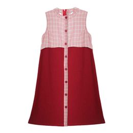 PERHAPS U Red Plaid Patchwork O Neck Single-breasted Tank Sleeveless Dress Sweet Summer Vintage D1669 210529