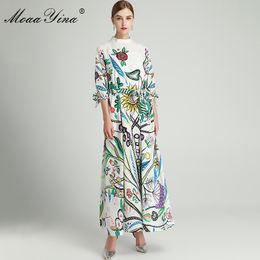 Fashion Designer dress Spring Autumn Women's Dress Beaded Indie Folk Floral-Print Loose lace-up Maxi Dresses 210524