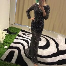 Sparkly Black Sequined Long Sleeves Prom Dresses Backless Evening Gown Sweep Train 328 328