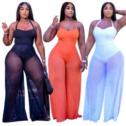 Women Mesh See Though Straight Jumpsuit Sexy Plus Size Halter Neck Sleeveless Romper Overall Romper Outfit 5 Color 211116