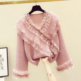 Autumn Winter Women's Sweater V Neck Flower Beading Ruffles Long Sleeves Sweaters Womens Knitting Tops A4387 210428