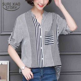 Summer Fashion Striped Women Blouse Shirt Short Sleeve Inch Loose Large Size Female Bottoming Tops Blusas 0736 30 210506