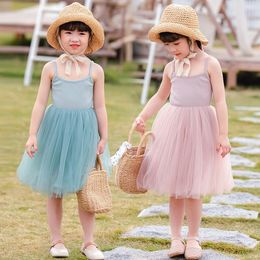 Girls Braces Rib Tulle Tutu Dresses Summer Kids Boutique Clothing 1-4T Children Sleeveless Solid Color Dress