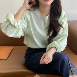 Spring Autumn Women's Blouse Korean Solid Colour White Round Neck Loose Long-sleeved Top Casual Slimming Female Tops LL377 210506