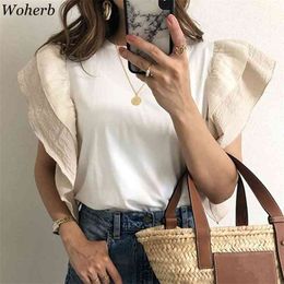 Summer Ruffle Patchwork Slim T-Shirt Women Flying Short Sleeve Tees Elegant Casual Tops Ladies O Neck Tshirts 210519