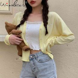 Candy Colour Chic Embroidery Knitted Cardigans Women Summer Thin Sweaters Long Sleeve Casual Basic Female Cropped Top T06801B 210421