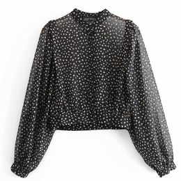 Za Print Transparent Crop Blouse Women O Neck Long Puff Sleeve Vintage Short Shirt Female Chic Black Chiffon Blouses 210602