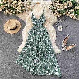 Summer Sexy Women Spaghetti Strap V-neck Floral Print Dress Casual Female Ruffled Asymmetric Beach Chiffon 210423