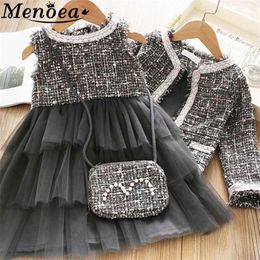 Menoea Girls Princess Clothes Suits Winter Style Kids Party Elegant Toddler Outfit Children Woollen Clothing Sets 2-7Ys 211025