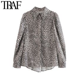 TRAF Women Fashion Leopard Print Irregular Blouses Vintage Long Sleeve Animal Pattern Female Shirts Blusas Chic Tops 210415