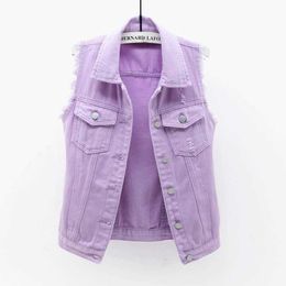 Fashion Purple Short Denim Vest Women's Autumn Casual Single Breasted Jeans Waistcoat Plus size Slim Sleeveless Jackets 211008